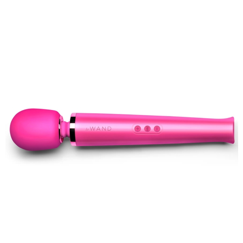 A pink rechargeable wand massager with buttons and the Le Wand logo.