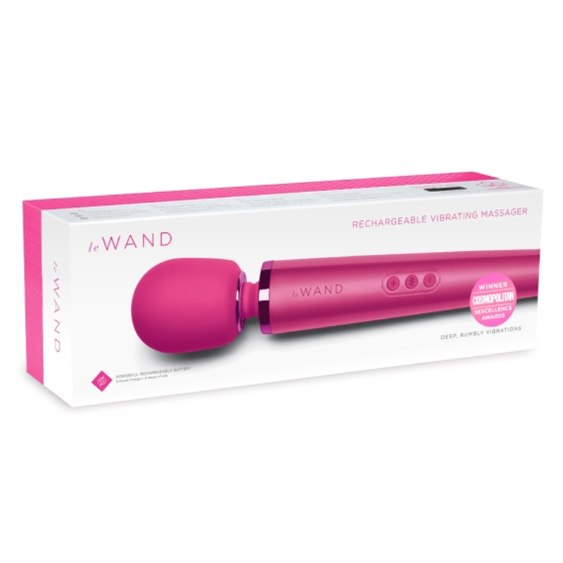 Magenta Le Wand rechargeable vibrating massager with a silicone head.