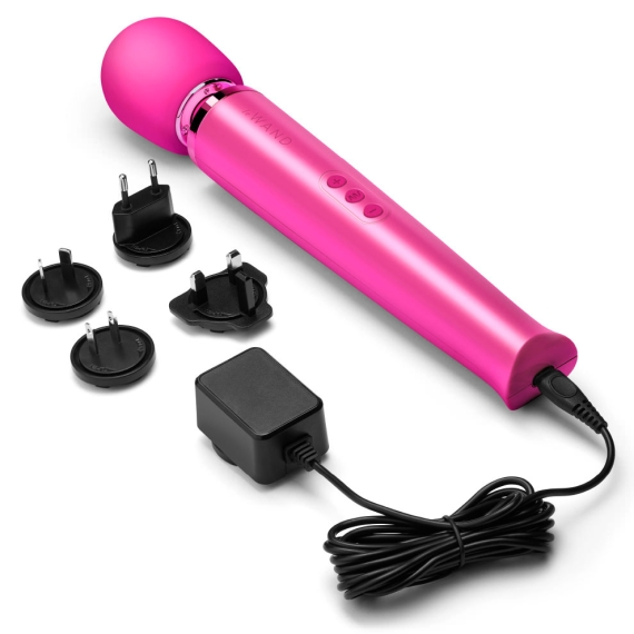 Pink rechargeable wand massager with multiple charging adapters.