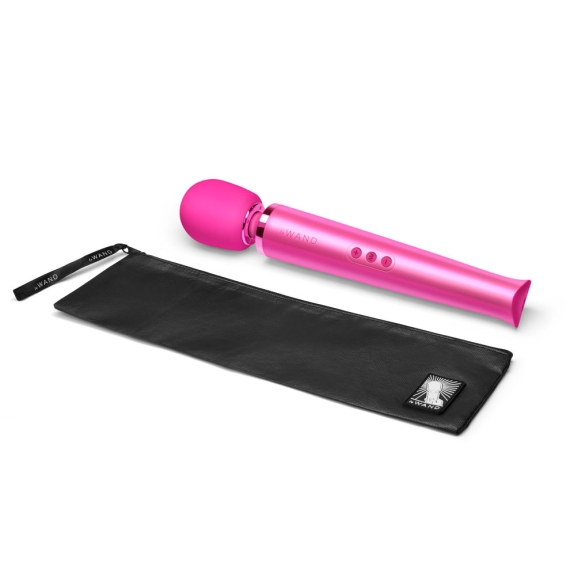 Magenta rechargeable wand massager with black storage pouch.