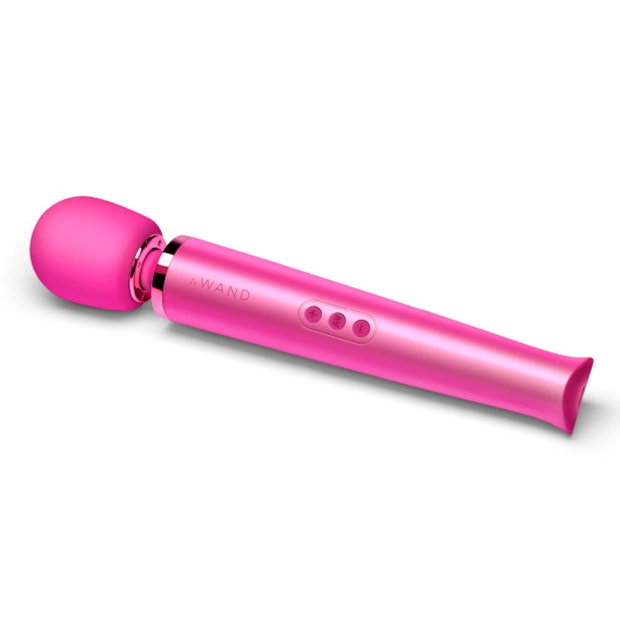 Magenta rechargeable wand massager with a silicone head and three control buttons.