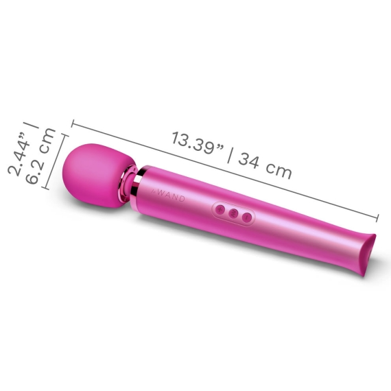 Magenta rechargeable wand massager with dimensions labeled.