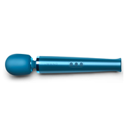 A blue rechargeable wand massager with a rounded head and control buttons.