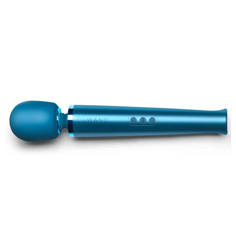 A blue rechargeable wand massager with a rounded head and control buttons.