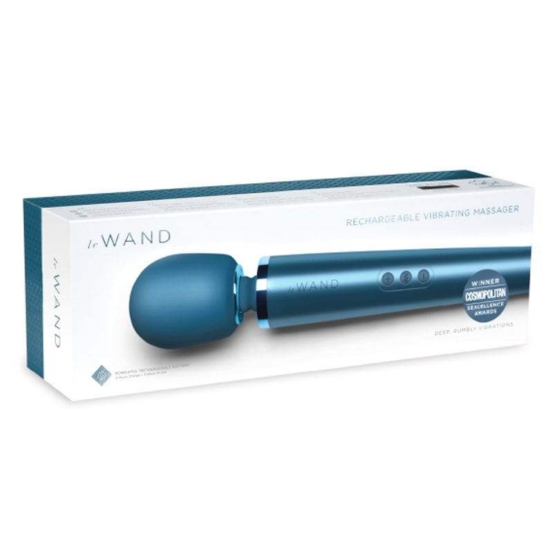 A blue rechargeable wand massager in its box.
