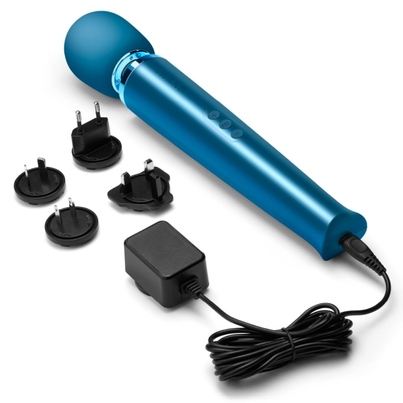 A blue rechargeable wand massager with charging accessories.