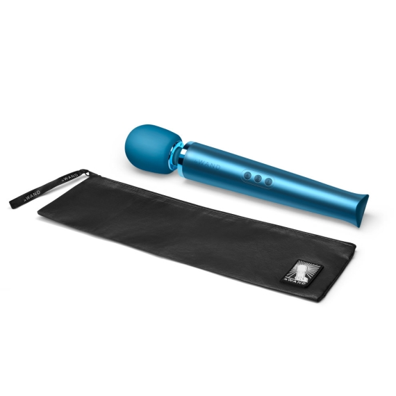 Pacific blue rechargeable wand massager with a black storage pouch.