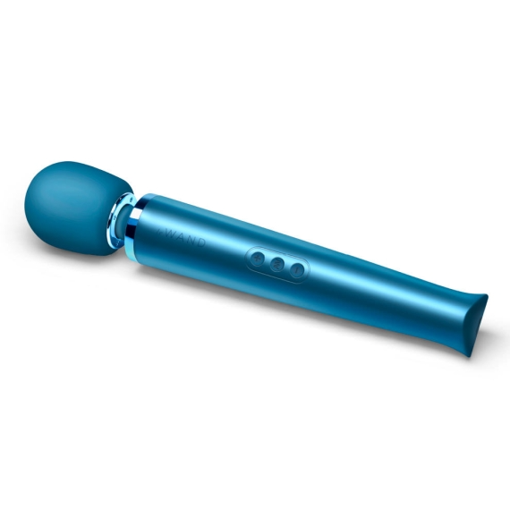 A blue rechargeable wand massager with a silicone head and control buttons.