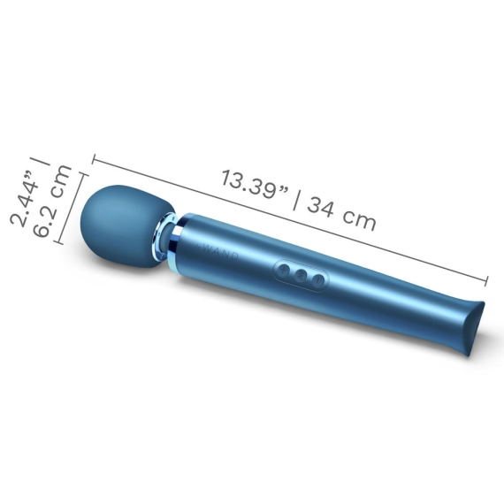 A blue rechargeable wand massager with dimensions indicated.