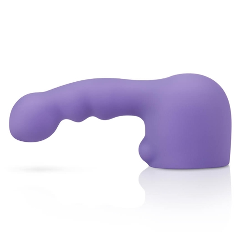 Purple silicone wand attachment with a curved tip and textured surface.
