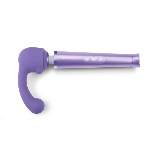 A purple wand attachment with a curved head and three control buttons.
