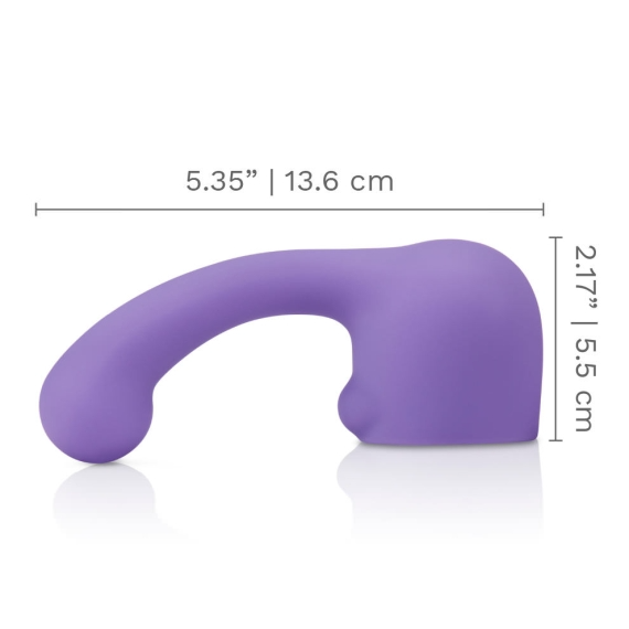 A purple silicone wand attachment with a curved tip.