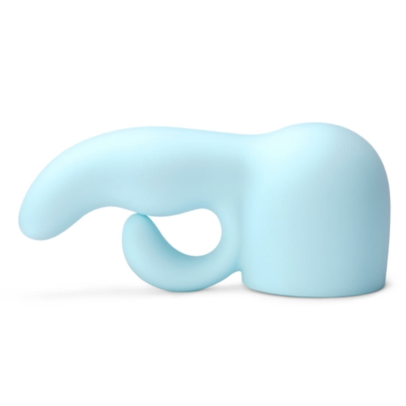 Light blue silicone wand attachment with a curved shape for G-spot and external stimulation.