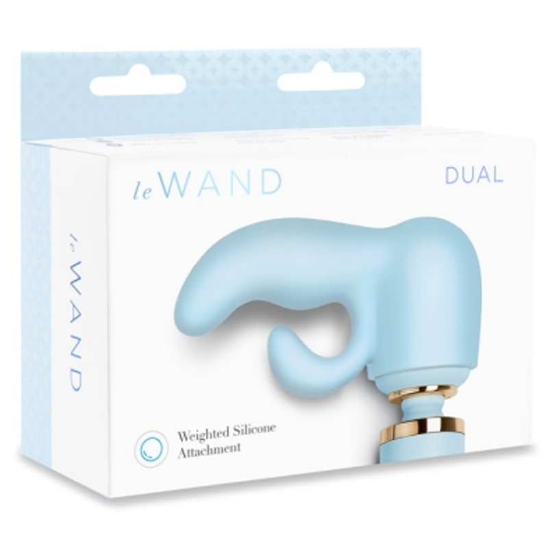 A light blue silicone wand attachment with a gold base.