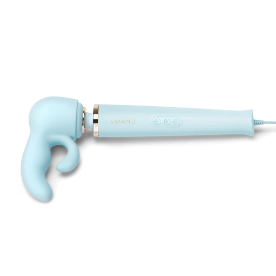 A light blue wand massager with a gold band and three control buttons.