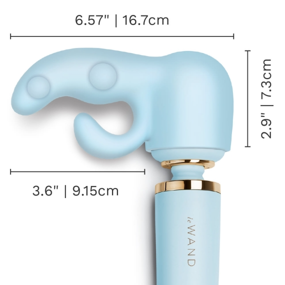 A light blue dual rabbit silicone wand attachment with dimensions labeled.