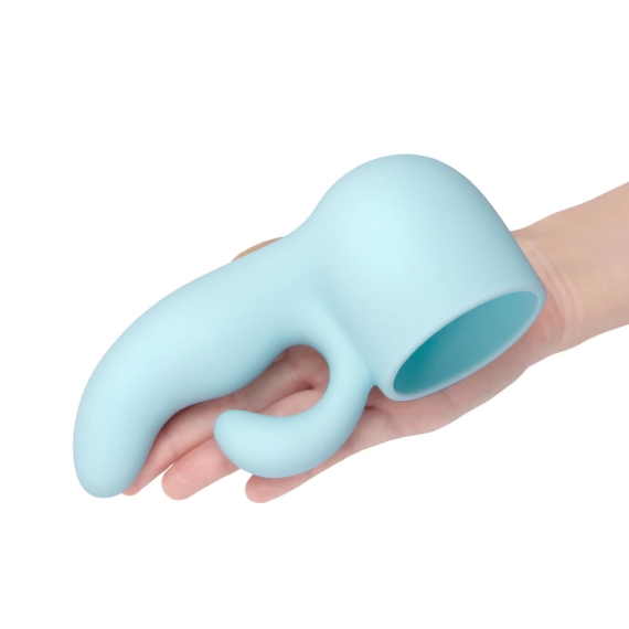 Light blue silicone wand attachment with a curved shaft and a bulbous end.