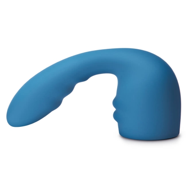 Blue silicone wand attachment with a curved, slender design.