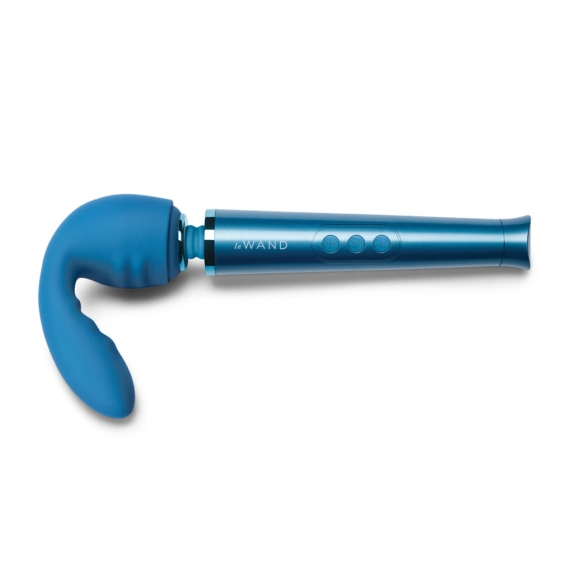 A blue silicone wand attachment with a curved head and three control buttons.