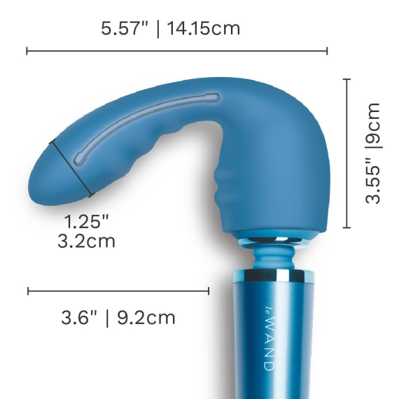 Blue silicone wand attachment with dimensions indicated.