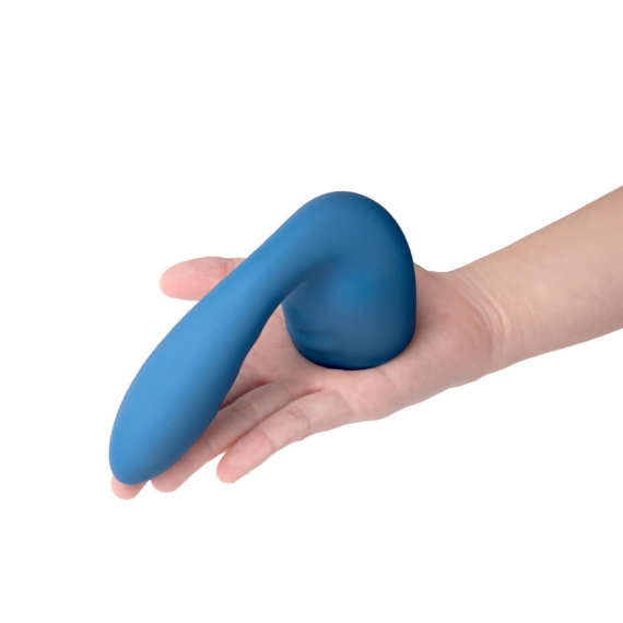 Blue silicone wand attachment held in a hand.