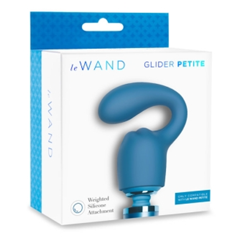 Blue silicone G-spot and clitoral attachment for LE Wand Glider Petite.