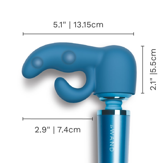 Blue silicone wand attachment with dimensions labeled.