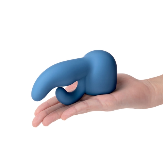 Blue silicone dual wand attachment held in a hand.