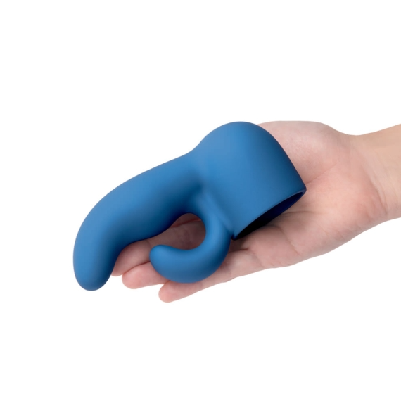 Blue silicone dual G-spot and rabbit wand attachment held in a hand.