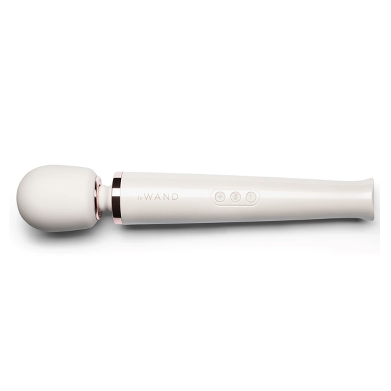 A white rechargeable wand massager with rose gold accents and control buttons.