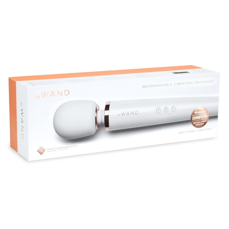 White rechargeable wand massager with rose gold accents on a white box.