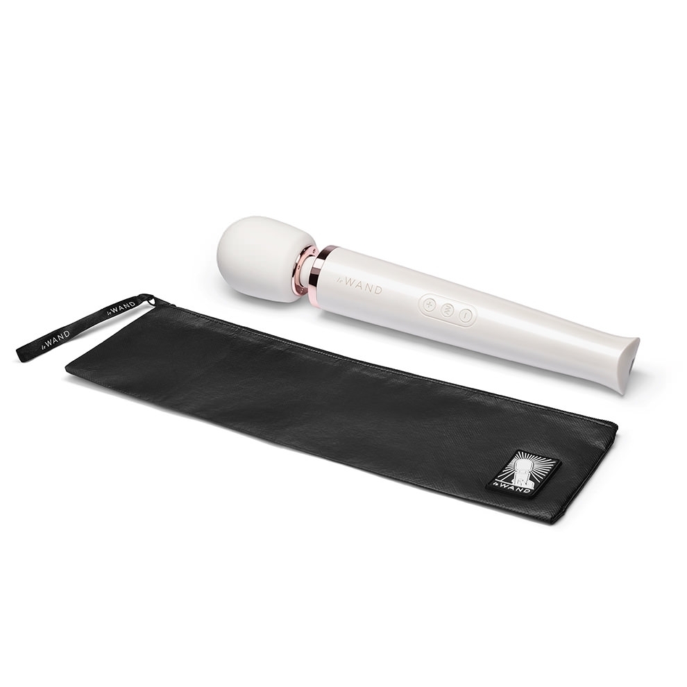 White rechargeable wand massager with a black travel pouch.