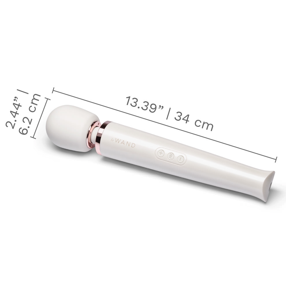 White rechargeable wand massager with rose gold accents and measurement labels.