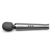 A silver rechargeable wand massager with a grey head and three control buttons.