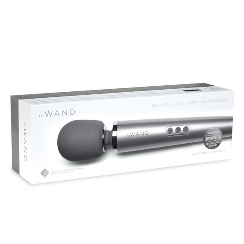 A silver rechargeable wand massager with a grey head on a white box.