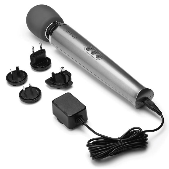 Rechargeable wand massager with charging accessories and multiple plug adapters.