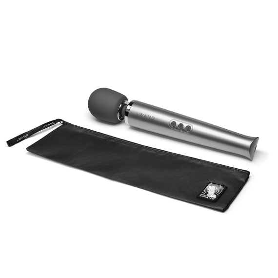 Silver rechargeable wand massager with a black storage pouch.