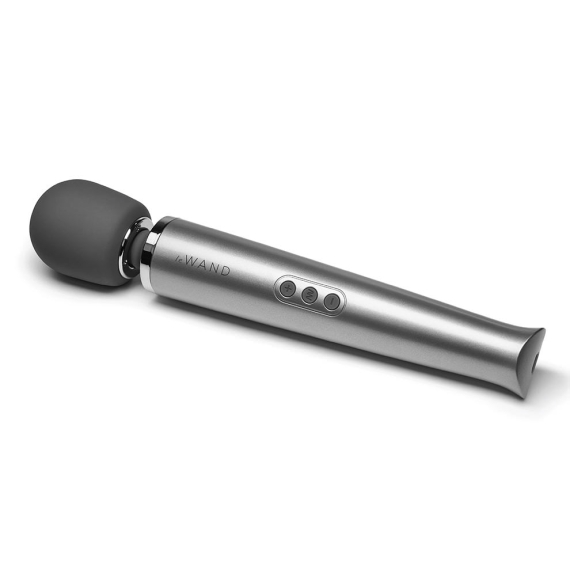 Silver rechargeable wand massager with a grey head and three control buttons.