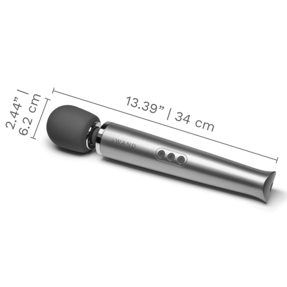 A silver wand massager with a grey head, measuring 13.39 inches long.