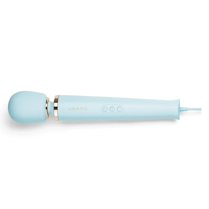 A light blue Le Wand plug-in massager with a gold ring and three circular buttons.