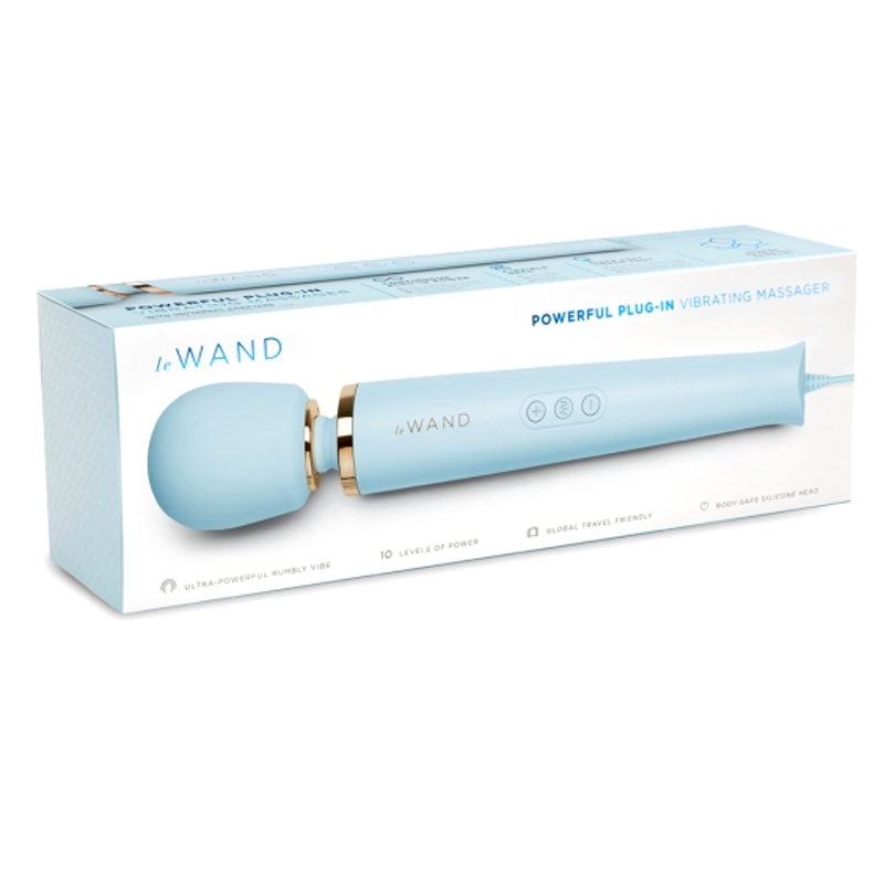 A light blue Le Wand plug-in vibrating massager with a gold accent.