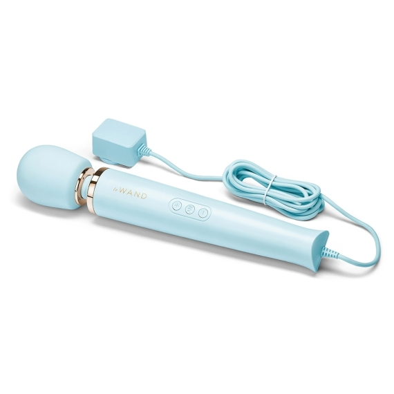 A light blue Le Wand plug-in massager with a gold accent and a white cord.