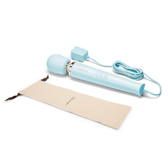 A light blue plug-in wand massager with a charging cord and storage bag.
