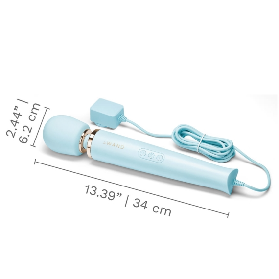 A light blue plug-in wand massager with a cord and power adapter.