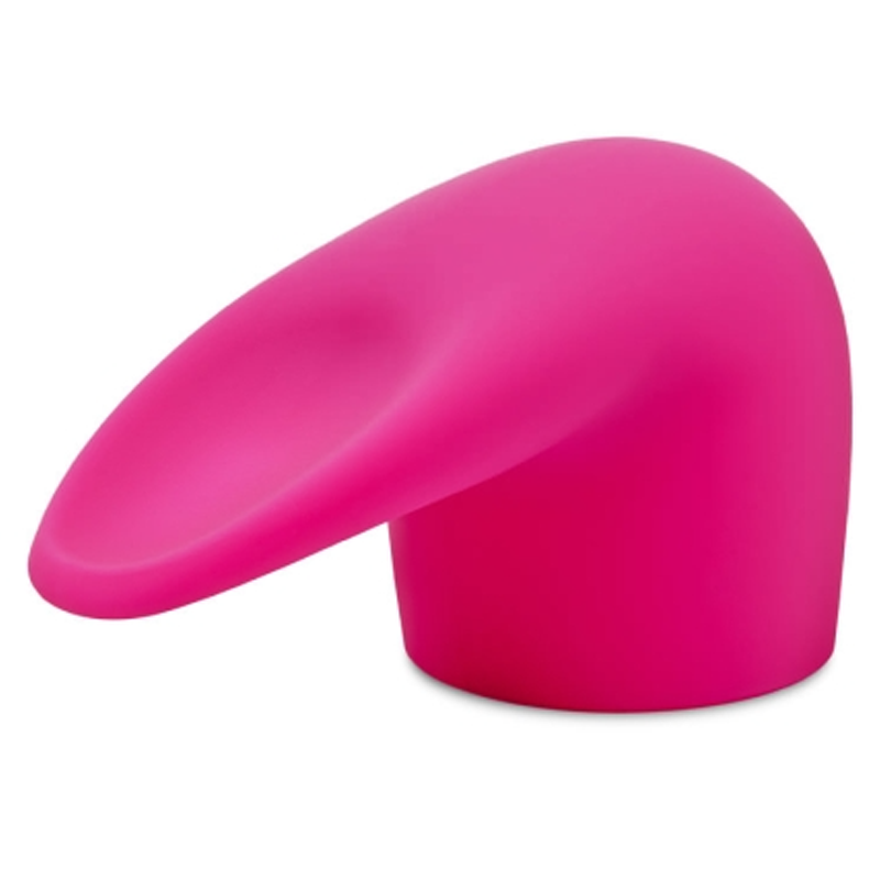 A bright pink silicone wand attachment with a curved, tongue-like tip.