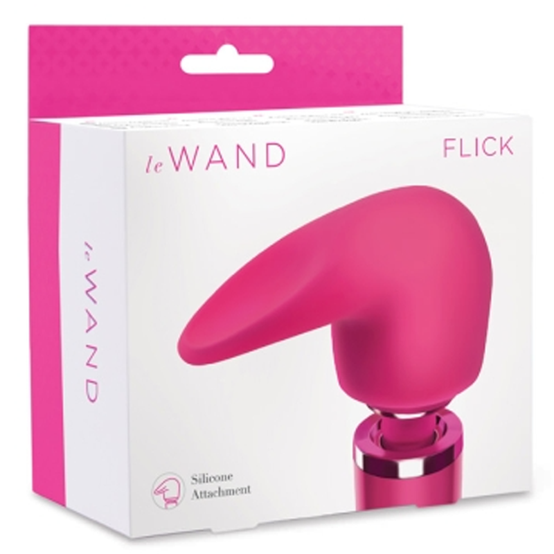 A pink Le Wand Flick attachment with a flexible silicone tip on a white box.