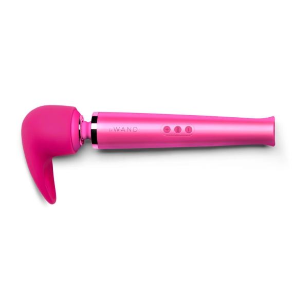 A pink Le Wand massager with a flexible silicone attachment.