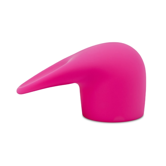 A bright pink silicone wand attachment with a flexible, tongue-like tip.