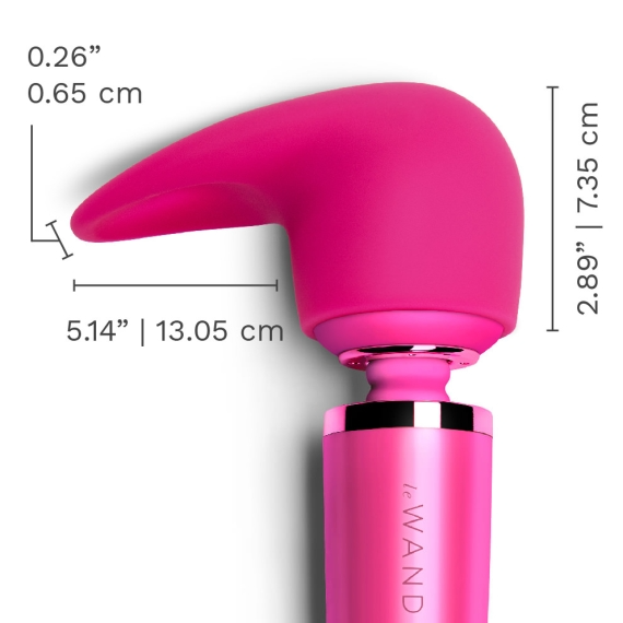 A pink Le Wand attachment with dimensions labeled.