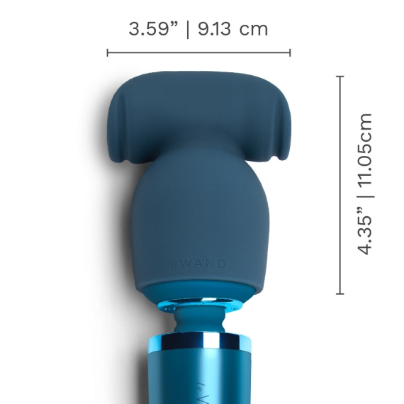A blue silicone wand attachment with textured ridges and measurement indicators.